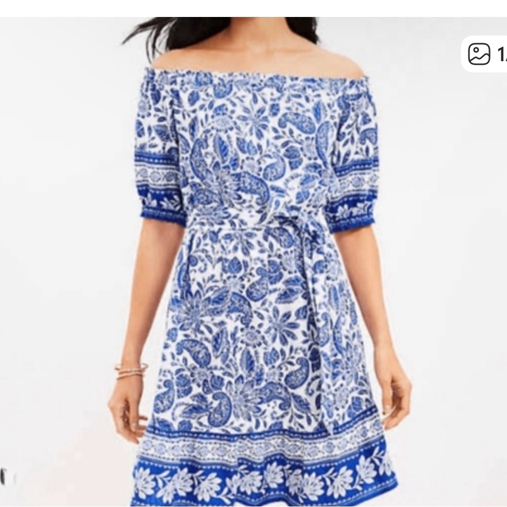 Loft Off-Shoulder Blue & White Floral Summer Dress Xl